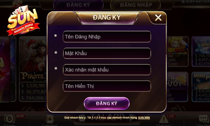 Giao diện đăng ký tài khoản tại Sunwin